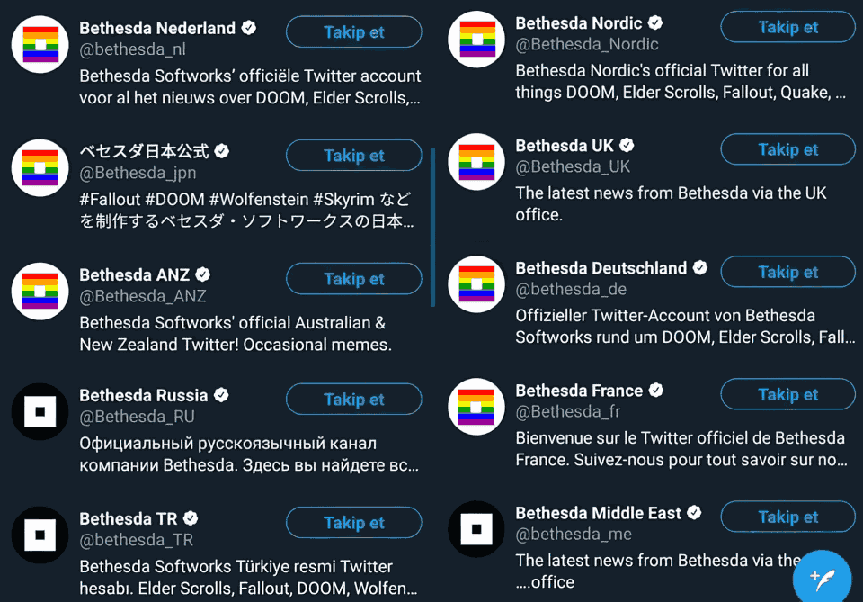 Bethesda Softworks LLC showing an LGBT logos for their Twitter accounts in the Netherlands, Japan, Australia, United Kingdom, Germany and France, but not for their Russia, Turkey and Middle East accounts
